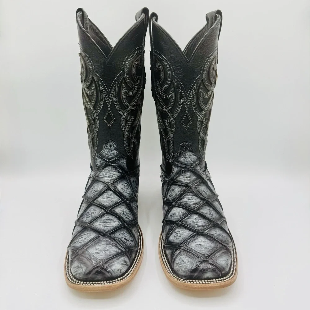Rock'em Big Bass Print Boots Men's Size 7.5 EE‎ Black Leather  Square Toe